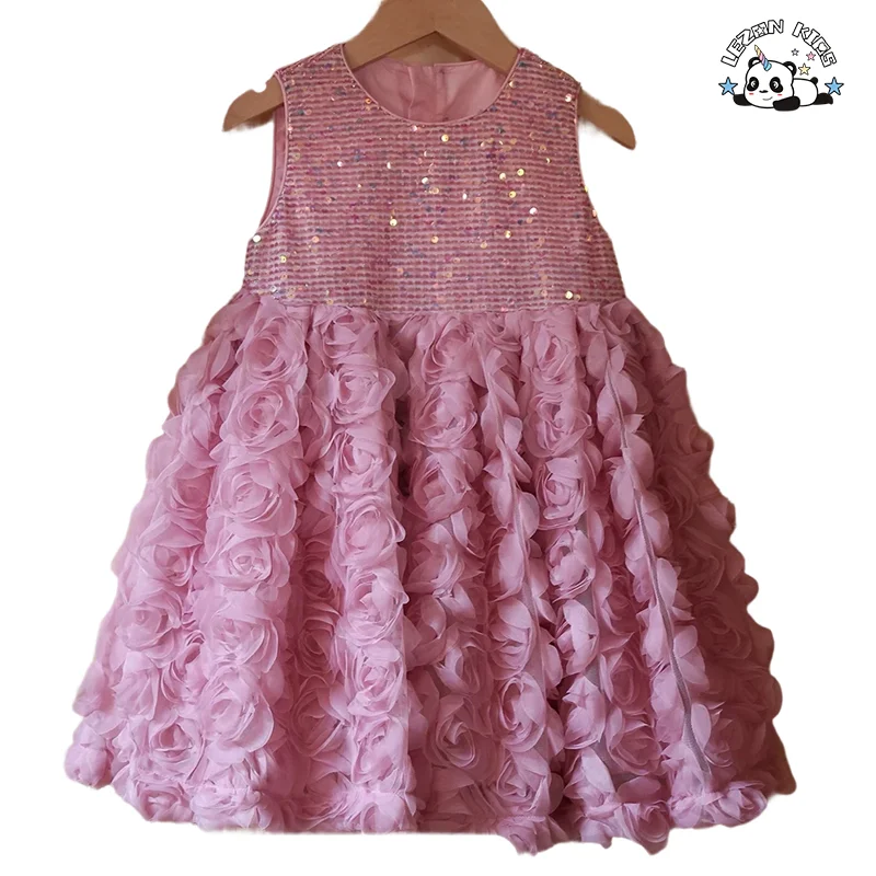 LEZONKIDS - Wholesale Summer Sleeveless Sequined Dress  Flowers Girls Dress for 2-8T Kids